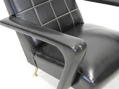 Black skai armchair with wide armrests, brass...