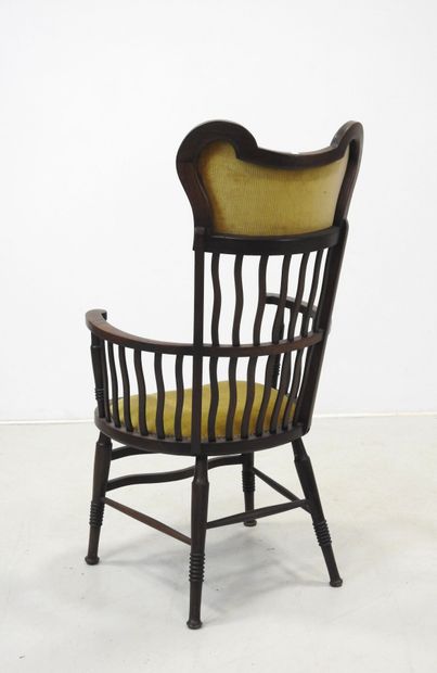 ARTS & CRAFTS wood and velvet wing chair....