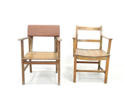 TWO wooden armchairs with slats. Reconstruction...