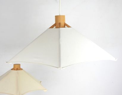 MAISON DOMUS. A teak and linen pendant and...