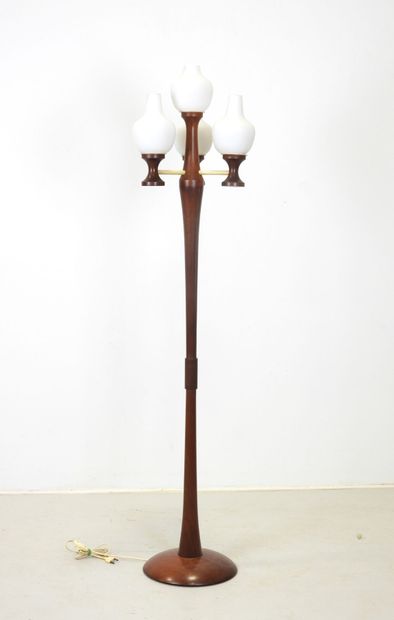 Large teak floor lamp circa 1970, white opaline...