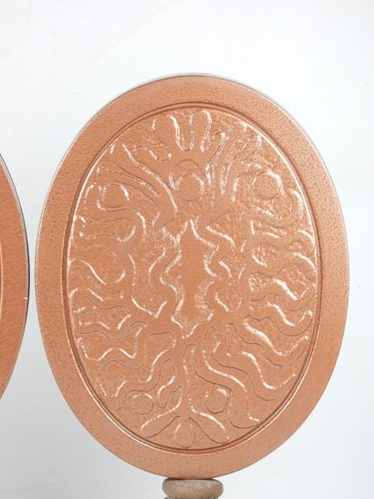 PAIR OF MIRRORS, oval mirror on resin support,...