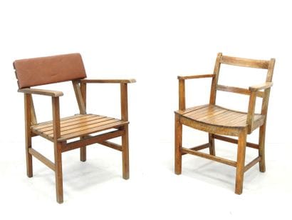 TWO wooden armchairs with slats. Reconstruction...