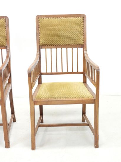 Pair of ARTS CRAFTS armchairs in wood and...