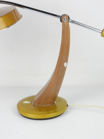 FASE. Pendulum lamp in wood and yellow metal....