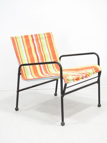 SUEDE: Pair of tubular metal garden armchairs...