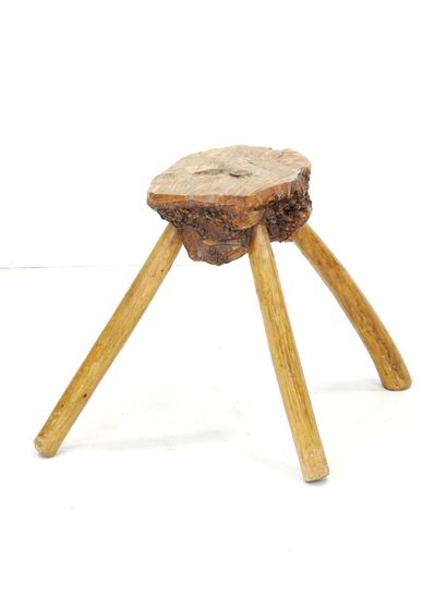 PAIR OF Brutalist tripod wooden TABOURETS....