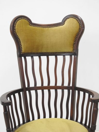 ARTS & CRAFTS wood and velvet wing chair....