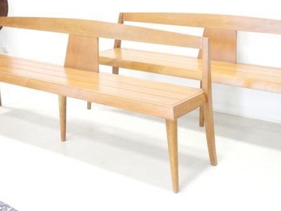 Pair of wooden benches on six legs. Circa...