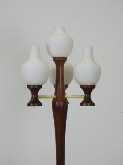 Large teak floor lamp circa 1970, white opaline...