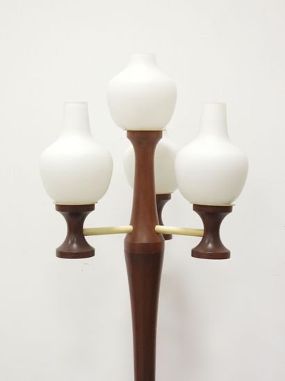 Large teak floor lamp circa 1970, white opaline...