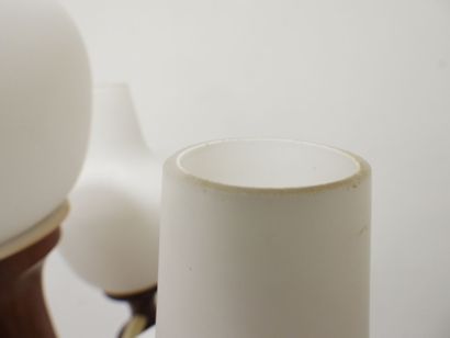 Large teak floor lamp circa 1970, white opaline...