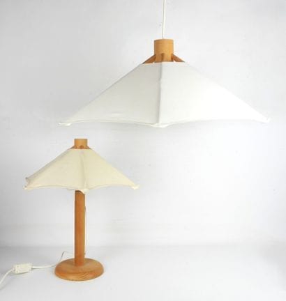 MAISON DOMUS. A teak and linen pendant and...