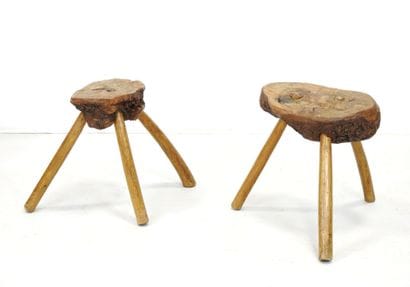 PAIR OF Brutalist tripod wooden TABOURETS....