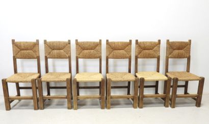 SIX wood and straw CHAIRS. H 93 - W 43 -...