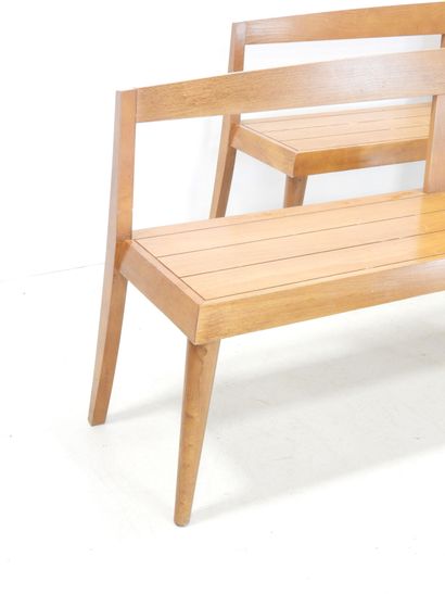 Pair of wooden benches on six legs. Circa...