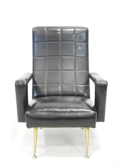 Black skai armchair with wide armrests, brass...