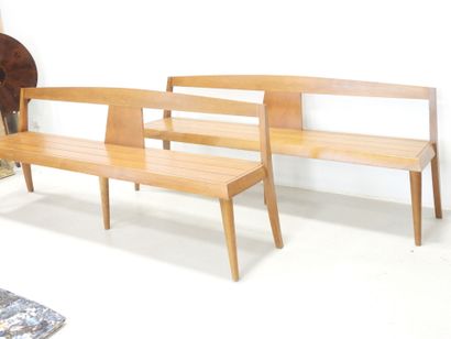 Pair of wooden benches on six legs. Circa...