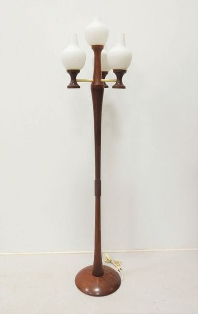 Large teak floor lamp circa 1970, white opaline...
