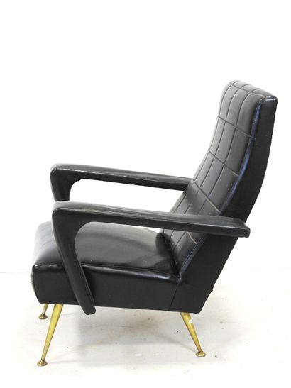 Black skai armchair with wide armrests, brass...