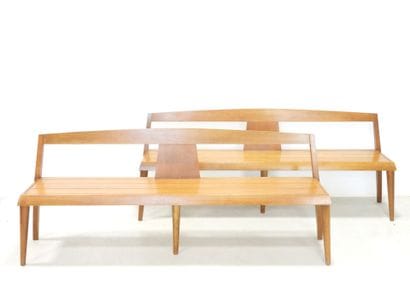 Pair of wooden benches on six legs. Circa...