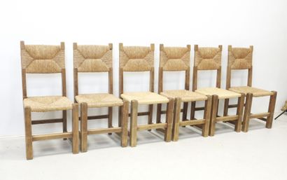 SIX wood and straw CHAIRS. H 93 - W 43 -...