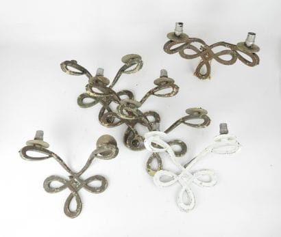 Six white and green lacquered wrought iron...