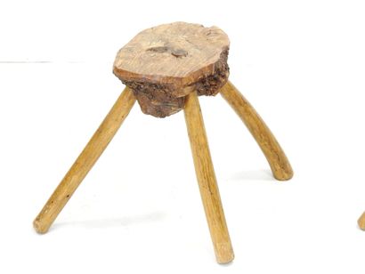 PAIR OF Brutalist tripod wooden TABOURETS....