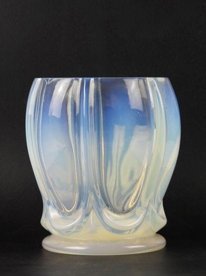 VASE in opalescent glass with gadrooned body....