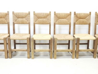 SIX wood and straw CHAIRS. H 93 - W 43 -...
