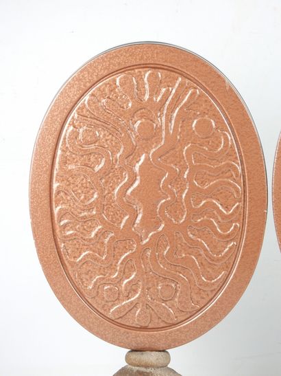 PAIR OF MIRRORS, oval mirror on resin support,...