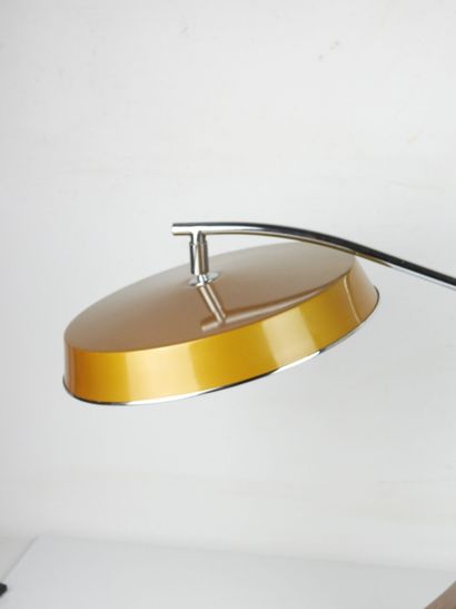 FASE. Pendulum lamp in wood and yellow metal....