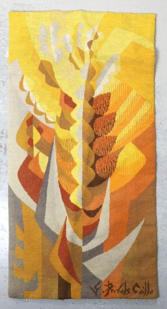 Orange and yellow tapestry. Circa 1960. Signed...