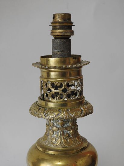Pair of copper and brass lamps with rich...