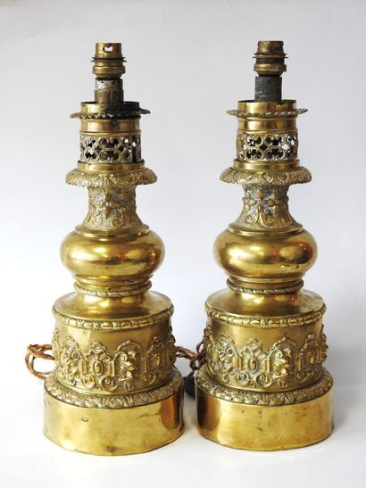 Pair of copper and brass lamps with rich...