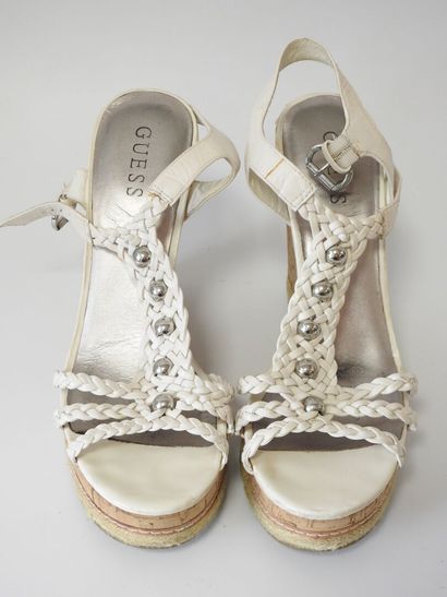 GUESS
Pair of white leather strappy wedge...
