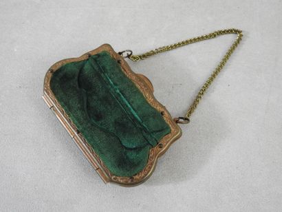 Green velvet doucine ball purse, red gusseted...