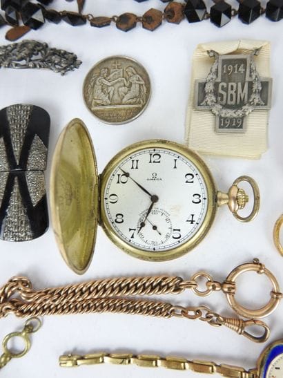 OMEGA. Gilt metal pocket watch, white enamel...