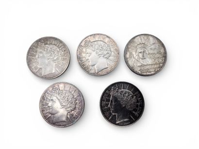 Lot de 5 pièces de 100 F en argent, 1986...
