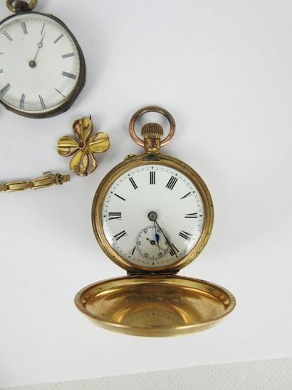 OMEGA. Gilt metal pocket watch, white enamel...