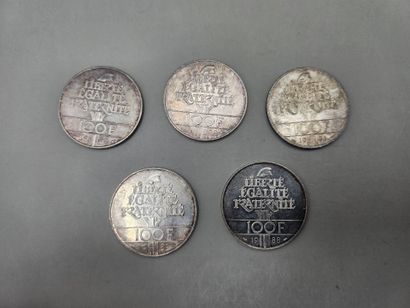 Lot de 5 pièces de 100 F en argent, 1986...