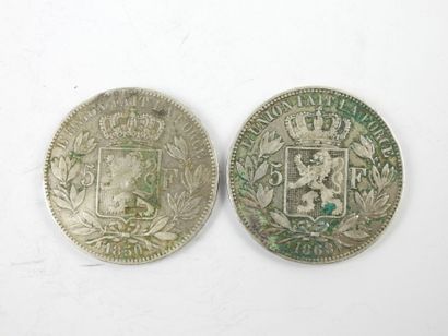 BELGIQUE. 2 monnaies 5 francs argent Léopold...