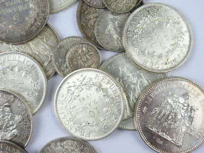FRANCE. Lot de monnaies argent francs Semeuse,...