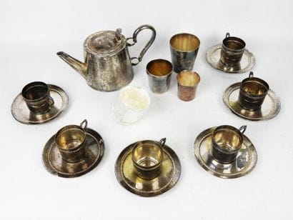 LOT in SILVER METAL including a coffee pot,...