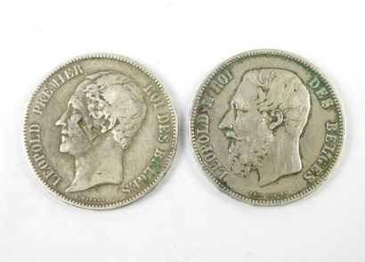 BELGIQUE. 2 monnaies 5 francs argent Léopold...