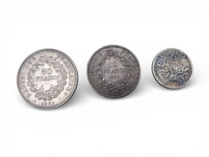 Ve RÉPUBLIQUE.
Lot de 3 pièces de monnaie...