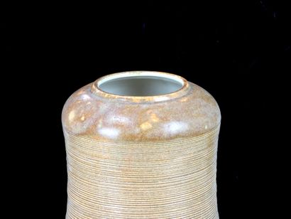 Brown-glazed ceramic cylindrical vase with...