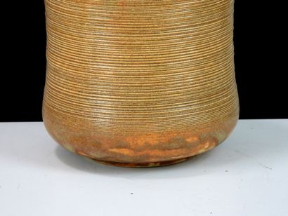 Brown-glazed ceramic cylindrical vase with...