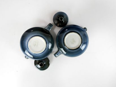 VIREBENT. 
Two small teapots in blue enameled...