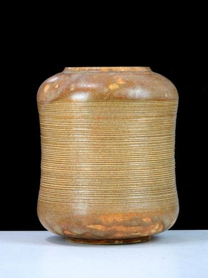 Brown-glazed ceramic cylindrical vase with...